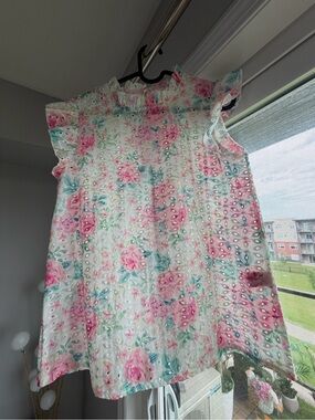 Floral Eyelet Sleeveless Blouse - Pink & Aqua Roses